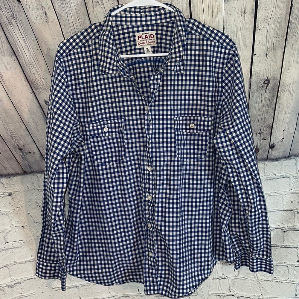 Old Navy Cotton Blue White Button Down Checkered Shirt